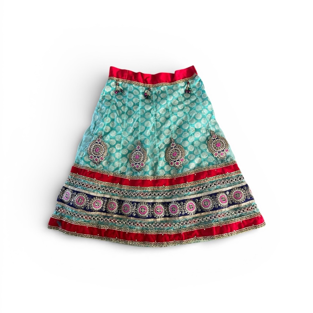 Banjara India Skirt Embroidered Midi Skirt - Green Turquoise  abd Red- PreOwned